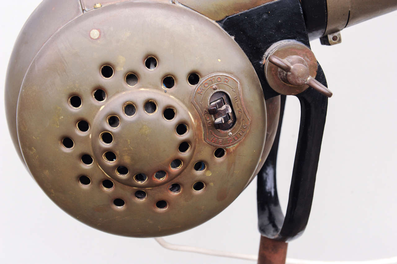 Iron Barbers Hair Dryer On Tripod, Steampunk, Brass, Nickelplated And Cast-iron